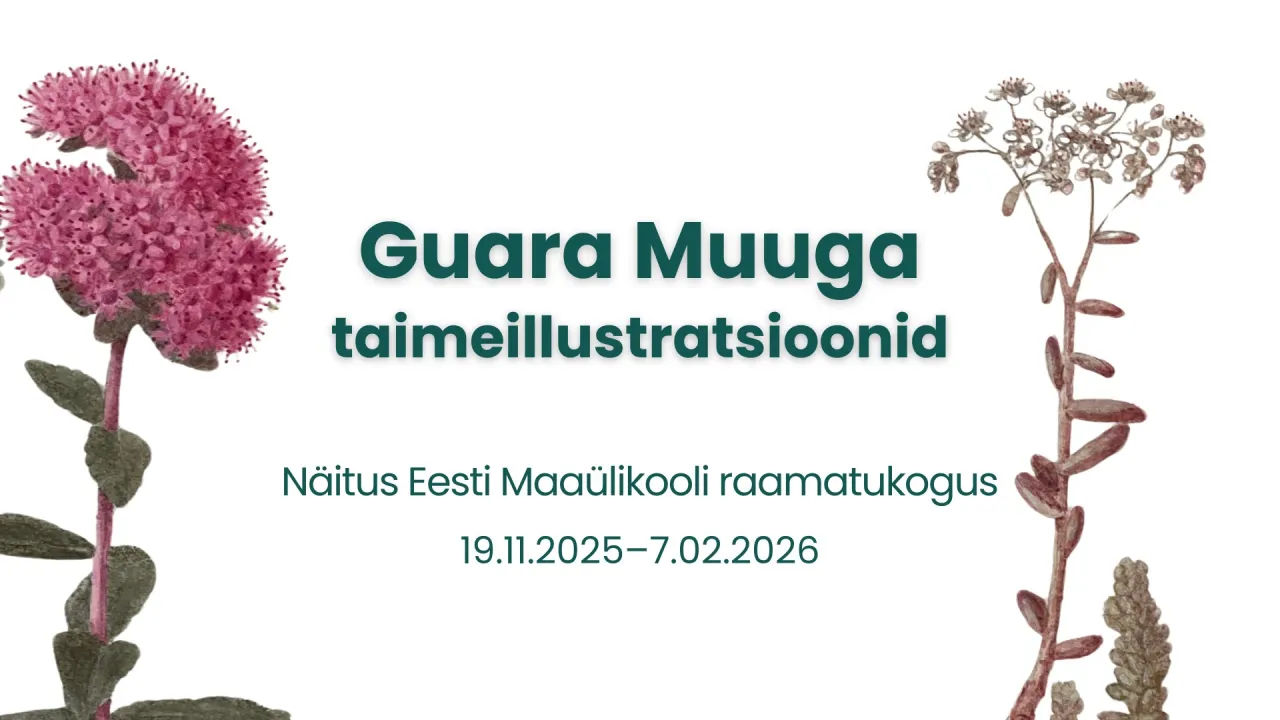 Joonistatud taimepildid, mille keskel on kirjas, et näitus on avatud kuni 7.02.2026.