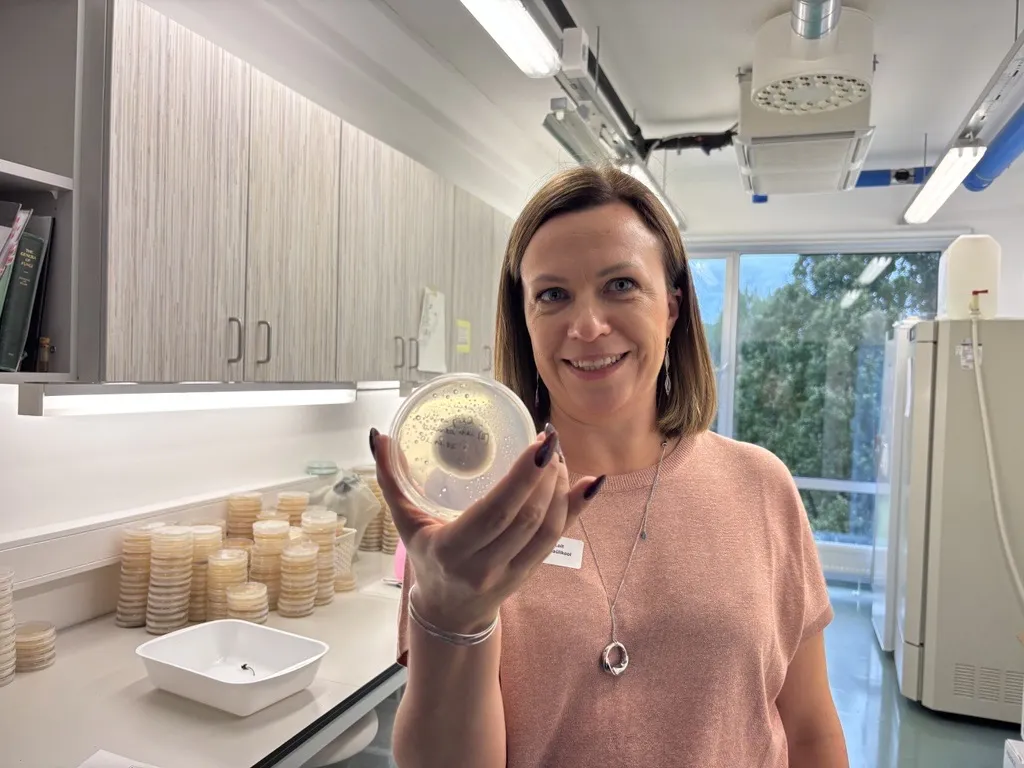 Teadlane näitab laboris Petri tassi enda ees käes hoides selles kasvavat taimehaiguse proovi